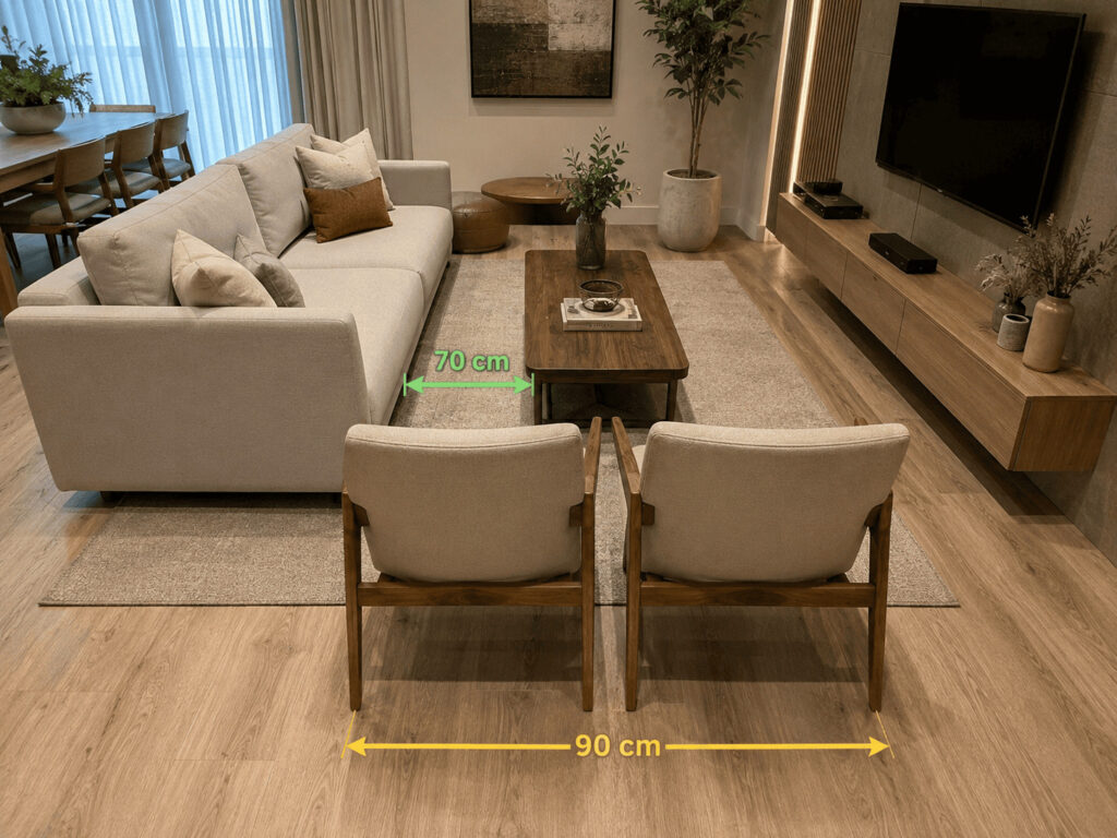 Uma fotografia de design de interiores em estilo documentário, focada no planejamento de circulação em uma sala de estar compacta e moderna. A imagem mostra um sofá cinza texturizado e duas cadeiras de estilo escandinavo com assentos de corda trançada, dispostos em um ambiente com paredes de concreto exposto e piso de madeira. Duas medições digitais flutuantes estão sobrepostas no chão: uma linha verde com a marca 70 cm indica o espaço livre entre as cadeiras e o sofá, e uma linha amarela com 90 cm indica a largura de uma passagem principal. Fotografia ultra realista, iluminação natural e qualidade profissional.