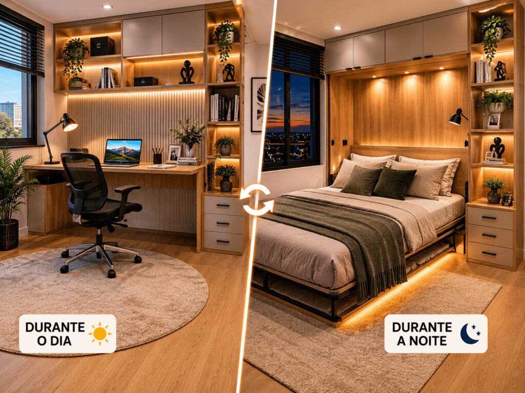 Fotografia fotorrealista de um quarto multifuncional compacto e inteligente da Casa Link Móveis. À esquerda, o ambiente é um home office diurno com mesa organizada, notebook moderno e iluminação natural. À direita, a cama retrátil está aberta e pronta para uso noturno, demonstrando a transformação do espaço. Design minimalista, móveis planejados modernos, iluminação suave, fotografia ultra realista em alta resolução.