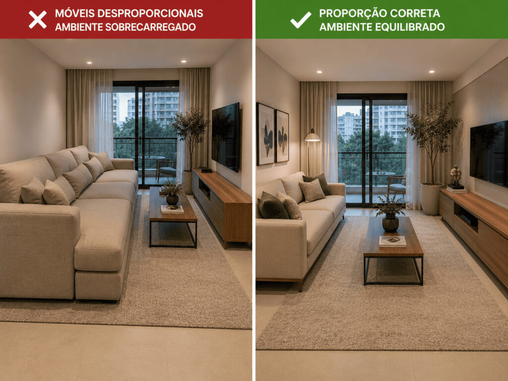 Fotografia comparativa de uma sala moderna dividida visualmente em duas partes. À esquerda, um sofá excessivamente grande ocupa quase todo o ambiente, dificultando a circulação. À direita, uma composição equilibrada com móveis proporcionais demonstra conforto e harmonia visual. Ambiente sofisticado, iluminação natural, fotografia ultra realista de design de interiores.
