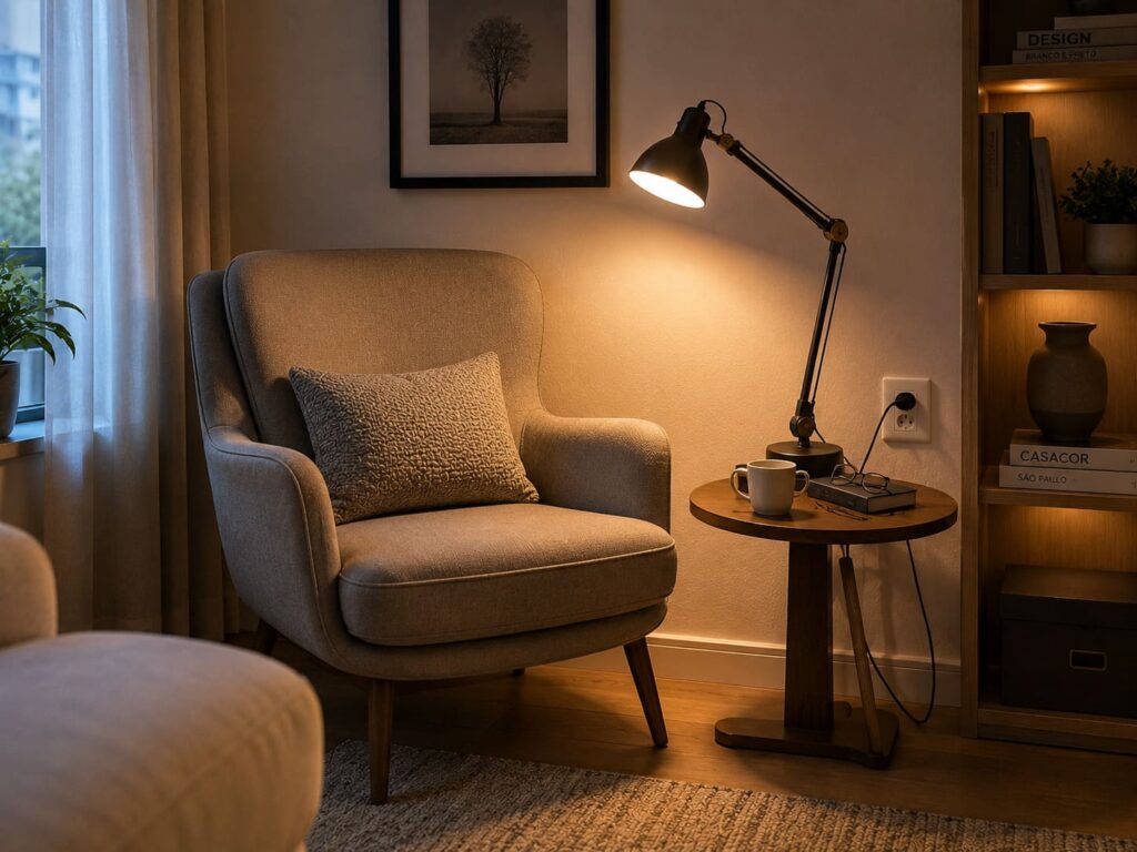 Fotografia fotorrealista de um canto de leitura aconchegante e funcional dentro de um ambiente moderno. Uma poltrona ergonômica de tecido cinza está posicionada ao lado de uma mesa lateral de madeira clara. Sobre ela, uma luminária elegante ligada em uma tomada perfeitamente integrada ao ambiente. Livros, decoração minimalista e iluminação acolhedora completam a cena. Fotografia ultra realista em alta resolução.