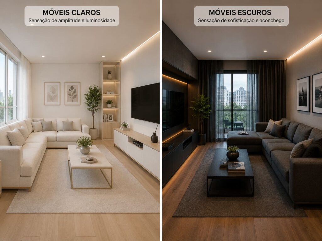 Fotografia comparativa de duas salas modernas. Uma utiliza móveis em tons claros, transmitindo sensação de amplitude e luminosidade. A outra apresenta móveis escuros e sofisticados, destacando elegância e aconchego. Iluminação natural, design contemporâneo, fotografia ultra realista em alta resolução.