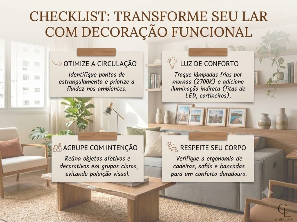 Infográfico em formato quatro por três com o título checklist transforme seu lar com decoração funcional, apresentando quatro blocos de dicas sobre otimizar a circulação, luz de conforto, agrupar com intenção e respeitar seu corpo, com uma sala de estar ao fundo.​